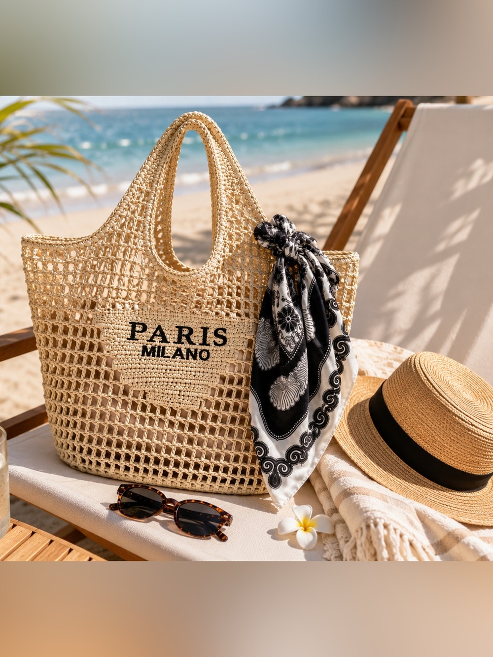 Handwoven Straw Beach Tote + Anthropologie Scarf Bundle – New ☀️👙🐚 - Picture 6 of 8